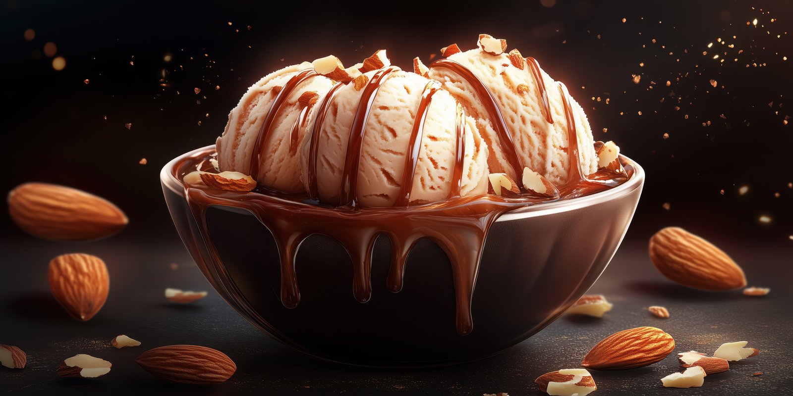 Delicious dessert featuring chocolate sauce and almond toppings in a cozy setting during the evening